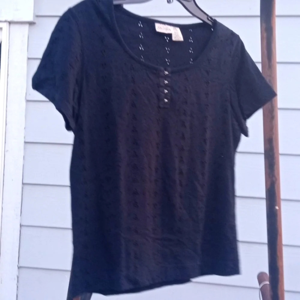 St John's Bay Black Peek-a-boo crocheted blouse. Size L.  C219​​​​